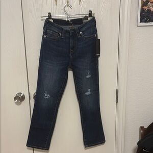 True Religion Blue Straight Leg Denim with Distressed Details
